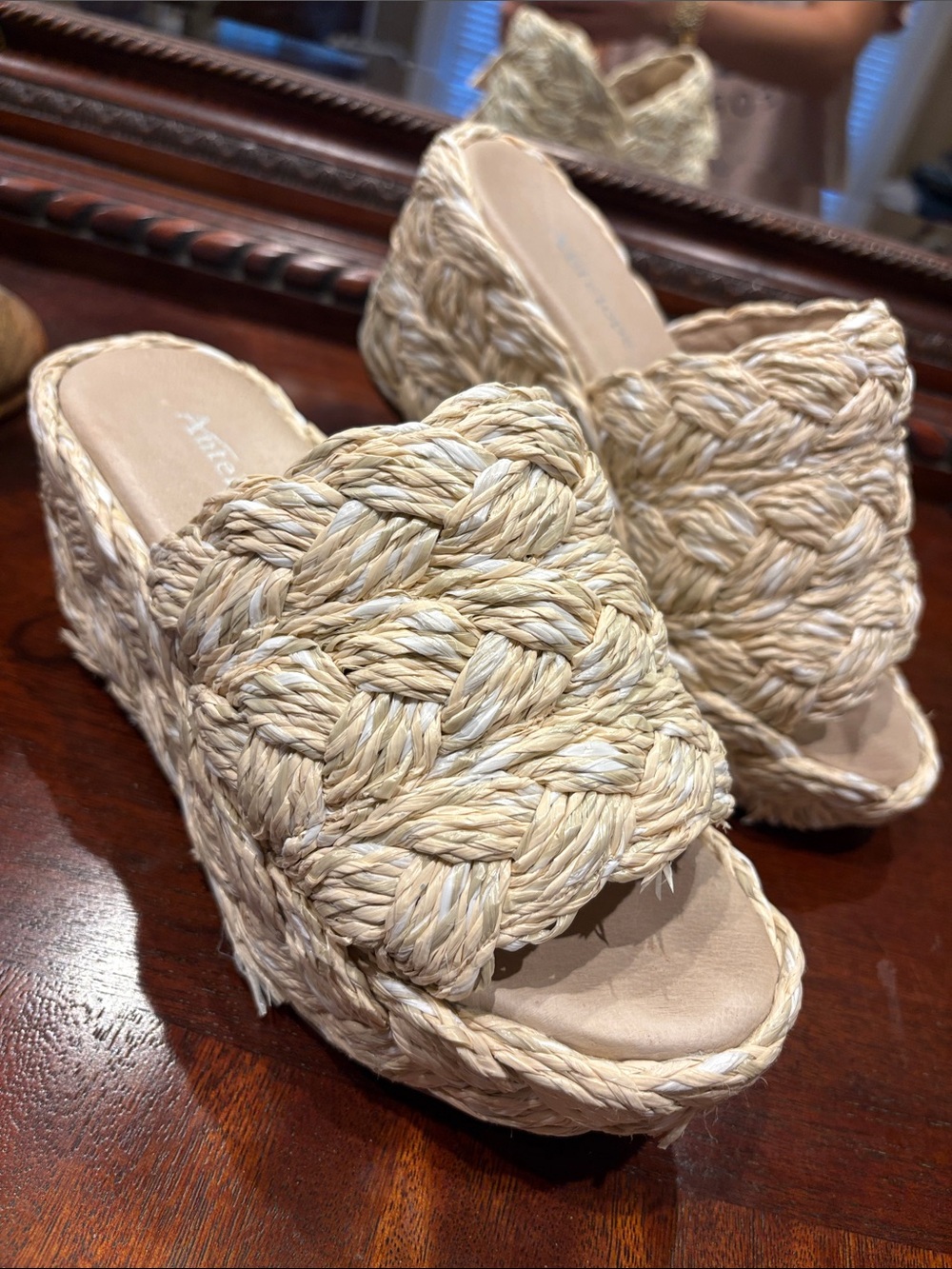 Antelope Braided Raffia Platform Wedge Slides - Beige